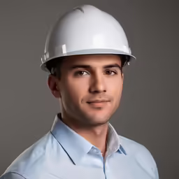 a man in a shirt with a white hard hat