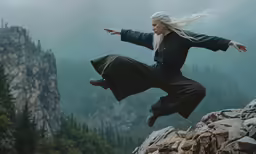 a woman in black clothing and hair in the air