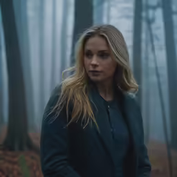 a woman wearing a black coat is standing in a forest