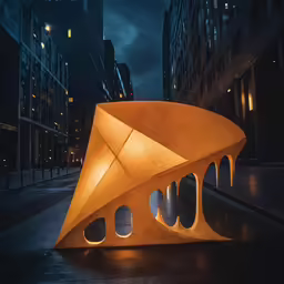 a large sculpture in a city street at night