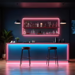 two stools are positioned at the bar, with pink lights