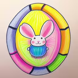 a pastel drawing of a pink bunny holding a ring,a drawing of a white rabbit inside a colorful ring