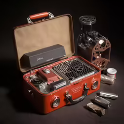 an old fashioned camera in a red suitcase