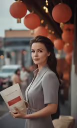 woman in gray holding a book and smiling