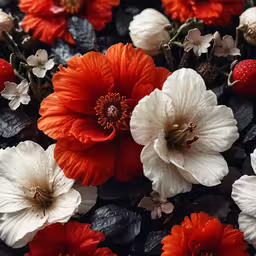 close up of red and white flowers surrounded by other flowers