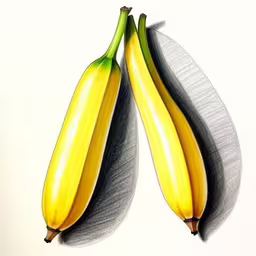 two pieces of fruit are on a plate,two yellow bananas hanging upside down on a white surface,two bananas are shown next to each other,two yellow bananas hanging on to of a banana peel,drawing of two yellow bananas on top of a white plate