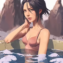 a girl sitting in the water next to some mountains