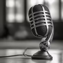 a black and white picture of a microphone on top of a counter