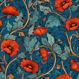 a blue and red pattern with flowers on it