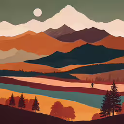 a painting of the mountains, trees and water,an autumn scene with hills and trees