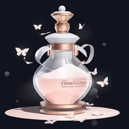 a pink flower perfume bottle and butterflies surrounding it