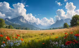 a beautiful scene with a meadow and mountains