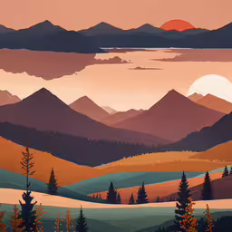 a painting of mountains and trees during sunset,a view of a mountain valley is shown with an orange and yellow sunset