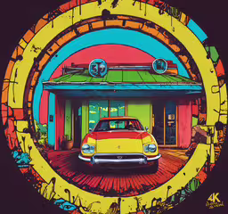 this is a picture of the interior of a garage,a yellow car is sitting in front of an old house