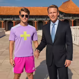 two men in suits and ties are holding hands