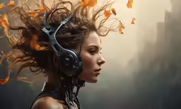 a woman with headphones, with an orange flying hair