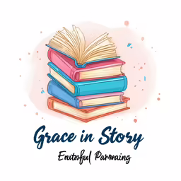 a stack of books with the words grace in story, and an illustrated image of the book