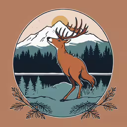 an image of a moose running across a field,an illustration of a deer standing in the woods with a mountain view in the background