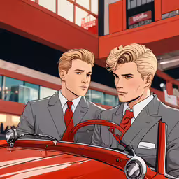 two guys with blonde hair in suits are in an orange car,two people wearing suits looking at each other