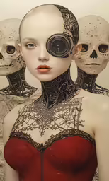 a futuristic woman with skeleton heads and gears on her body