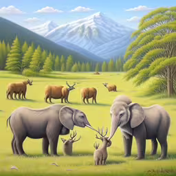 some animals in the grass some bushes and trees,an elephant family painting with a deer in the background,an art painting of elephants standing around in a field,an elephant family in a beautiful green field with some trees,three adult elephants, one baby deer and one young elk grazing in a mountain meadow