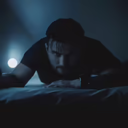 a man leans over his bed in the dark