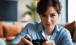 woman at table with camera looking into camera