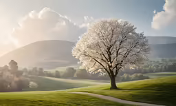 a tree on a grassy hill is blooming in the background