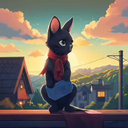 the little black cat is sitting on a ledge with a scarf over his neck