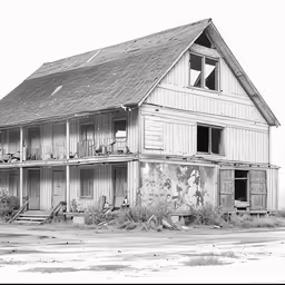 black and white image of an old house with graffiti on it