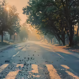 a street with some debris on it and trees in the background