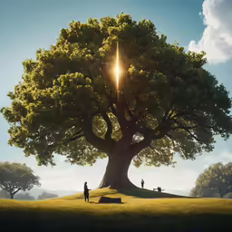 a person walking down a field under a tree