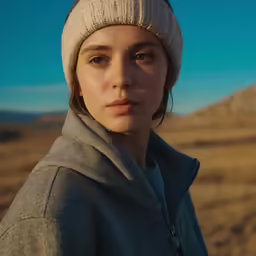 a woman in grey jacket and white hat posing for a picture