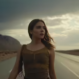 the young woman is walking on the road