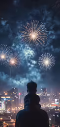 a person standing with his back turned and looking at fireworks in the sky