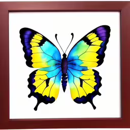 a watercolor painting of a colorful butterfly in brown frame,an intricate picture of a colorful butterfly,the colorful butterfly was in the frame, and on display,colorful butterfly sitting in a brown frame with white background,an artwork featuring a bright yellow butterfly