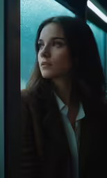woman sitting in train next to window during rain
