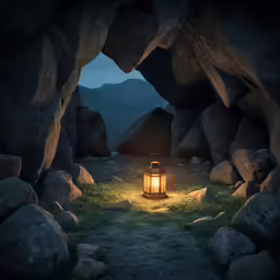 a lantern glowing inside of some rocks and grass