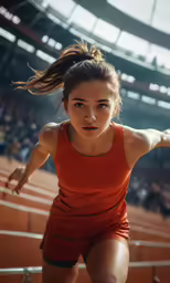 a woman is running in an arena with a racket