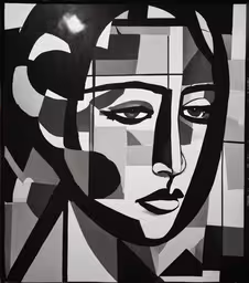 a black and white painting with an abstract design,a painting of a woman with circles around her face