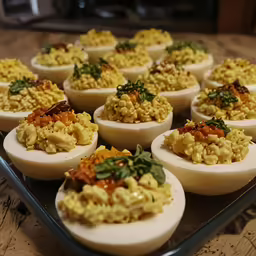 a metal tray full of deviled eggs with condiments