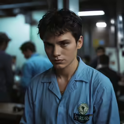young man wearing blue scrubs and looking away from camera