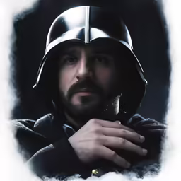 a man wearing a helmet with his finger resting on a button