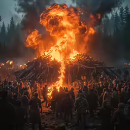 a massive crowd gathered around a large open fire