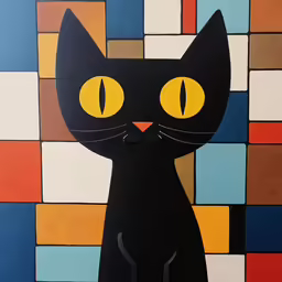 a painting with an image of a black cat with large yellow eyes