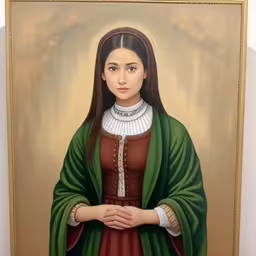 a painting of a woman standing in front of a wall