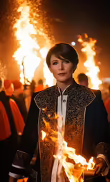 a woman holding a fire with many flames in the background