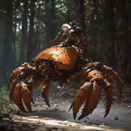 an orange robotic crab with multiple claws in the middle of a forest