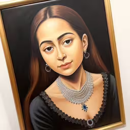painting of woman in black and gold framed,a painting of a woman with a necklace on,a painting of a woman in a black dress has an elegant necklace,a painting of a girl in black with a necklace,a portrait of a woman wearing a necklace and holding a ring