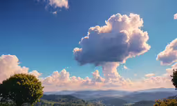 clouds fly over mountains, trees and lush green valley,trees and bushes on the grass with a blue sky and clouds in the background